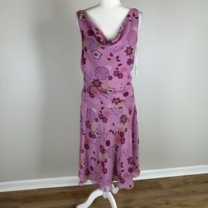 Fairy Midi 12 L Dress Cowl Floral Chiffon Ruched Purple Boho Y2K Whimsy Asymm